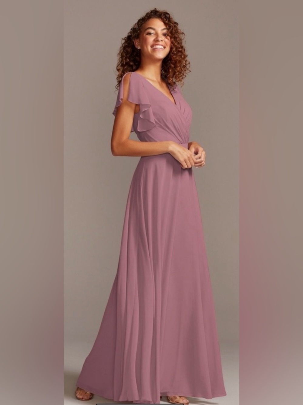 David’s Bridal Long Flutter Sleeve Full Skirt Quartz Dress VNeck Bridesmaid Pink